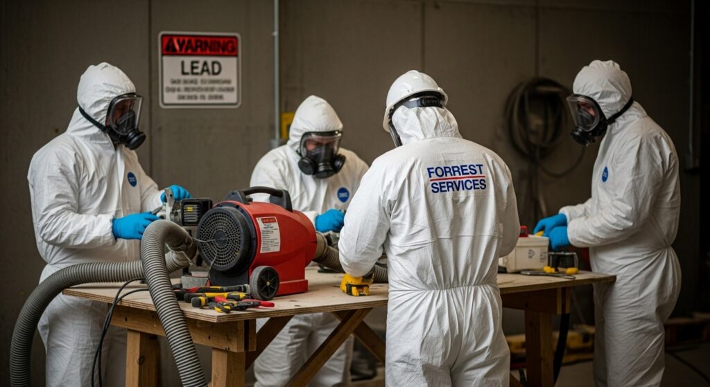 Workers from Forrest Services wearing hazmat suits performing lead and asbestos abatement inside a building, with one warning sign, negative air machines, and a minimal work setup following safety protocols.