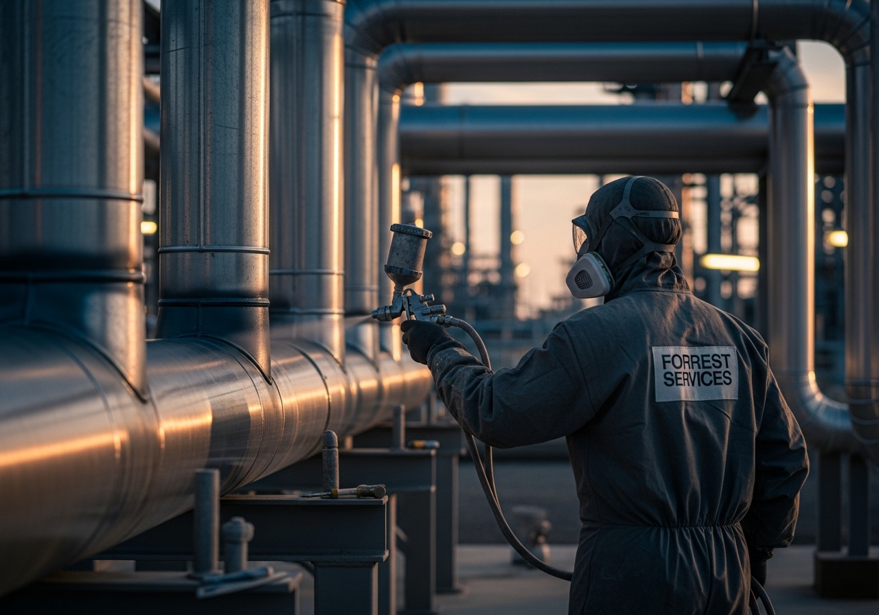 Industrial coating technician applying epoxy coating to refinery pipes, wearing safety gear with “Forrest Services” on suit, smooth spray pattern, minimal tools, soft sunset lighting, realistic industrial setting.