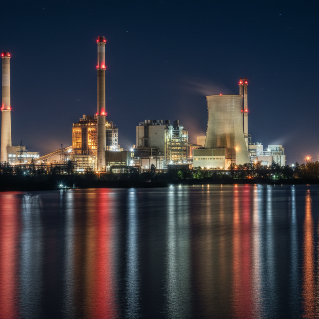 Industrial facility with stacks and turbine halls, common in electricity generation.