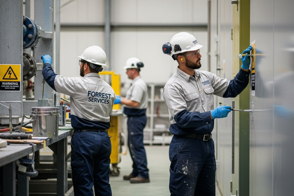“Industrial maintenance crew from Forrest Services inspecting equipment and protective coatings inside a facility, using minimal tools with one warning sign visible.”