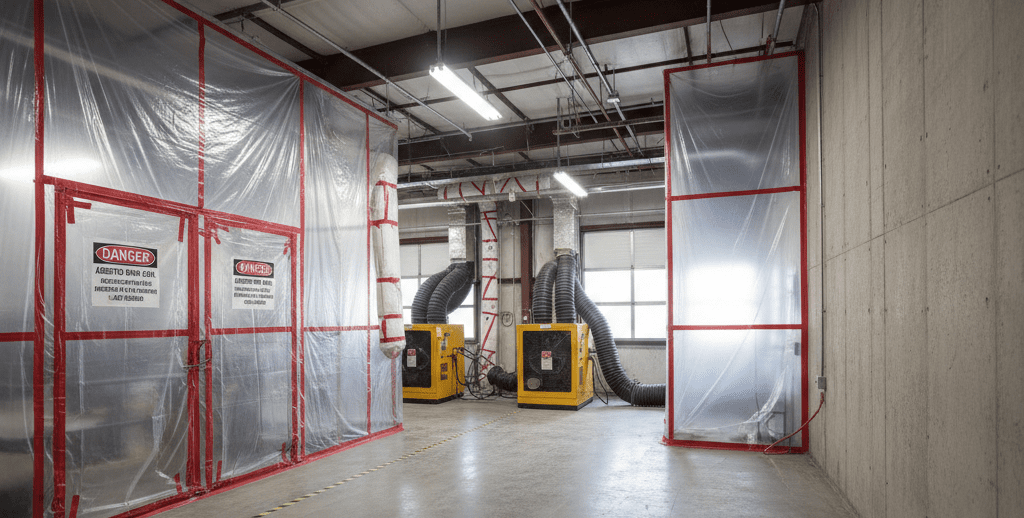 Lead and asbestos abatement containment area inside a commercial building with safety barriers and equipment.