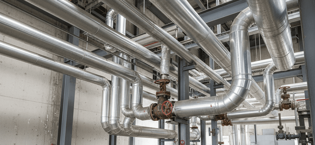 Wide banner image of insulated industrial piping with metal cladding inside a commercial facility.