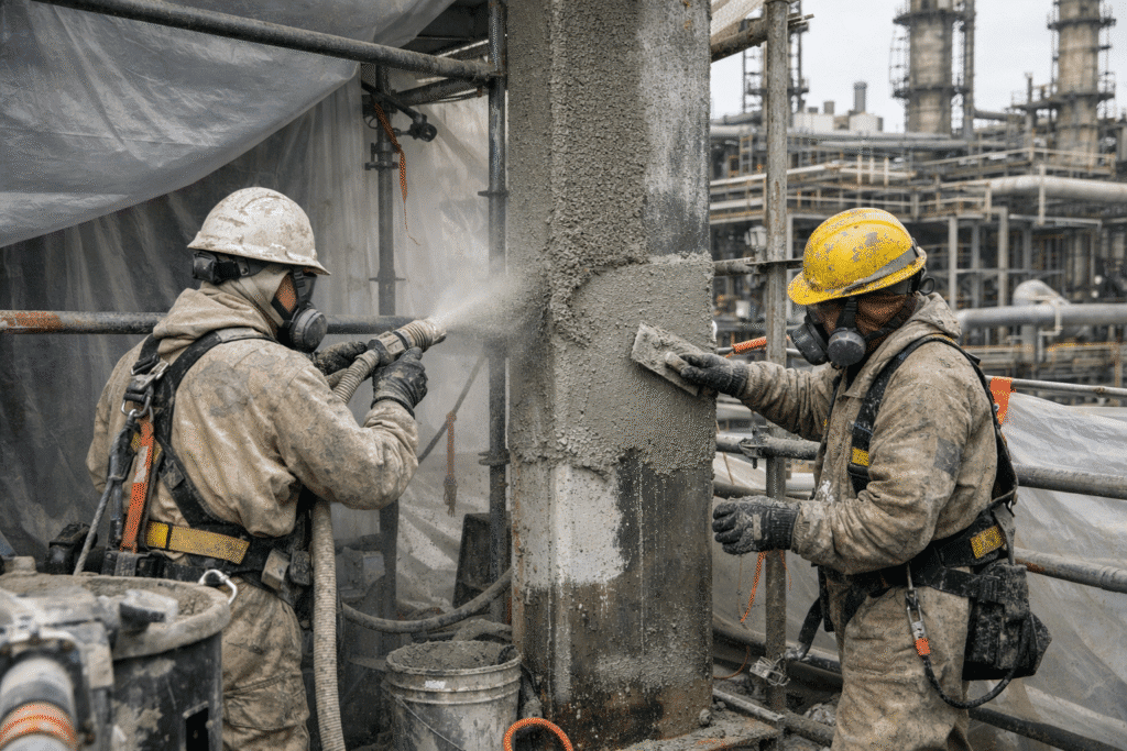 Fireproofing repairs on structural steel during refinery turnaround in Pasadena TX