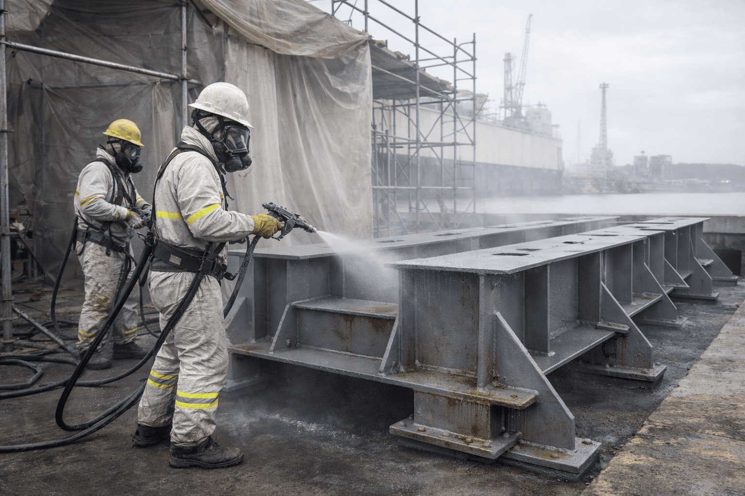 Industrial workers applying gray protective coating to marine steel structure in humid Gulf Coast conditions near Pasadena, TX.