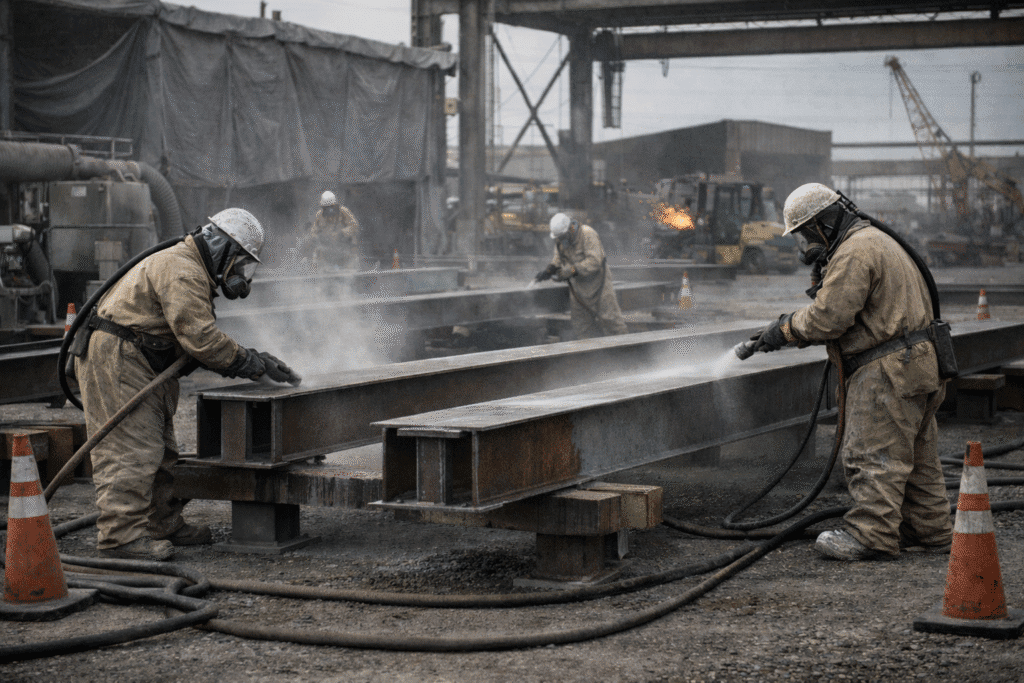 Structural steel surface preparation with abrasive blasting inside a fabrication yard in Pasadena, TX