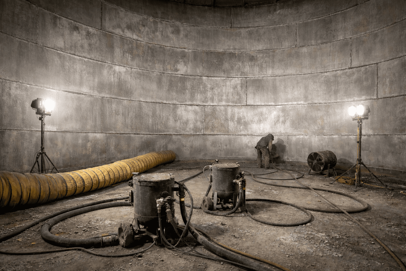 Interior abrasive blasting of 75,000-gallon storage tank in Deer Park, prepared to SSPC-SP 10 near-white metal finish for inspection and recoating.