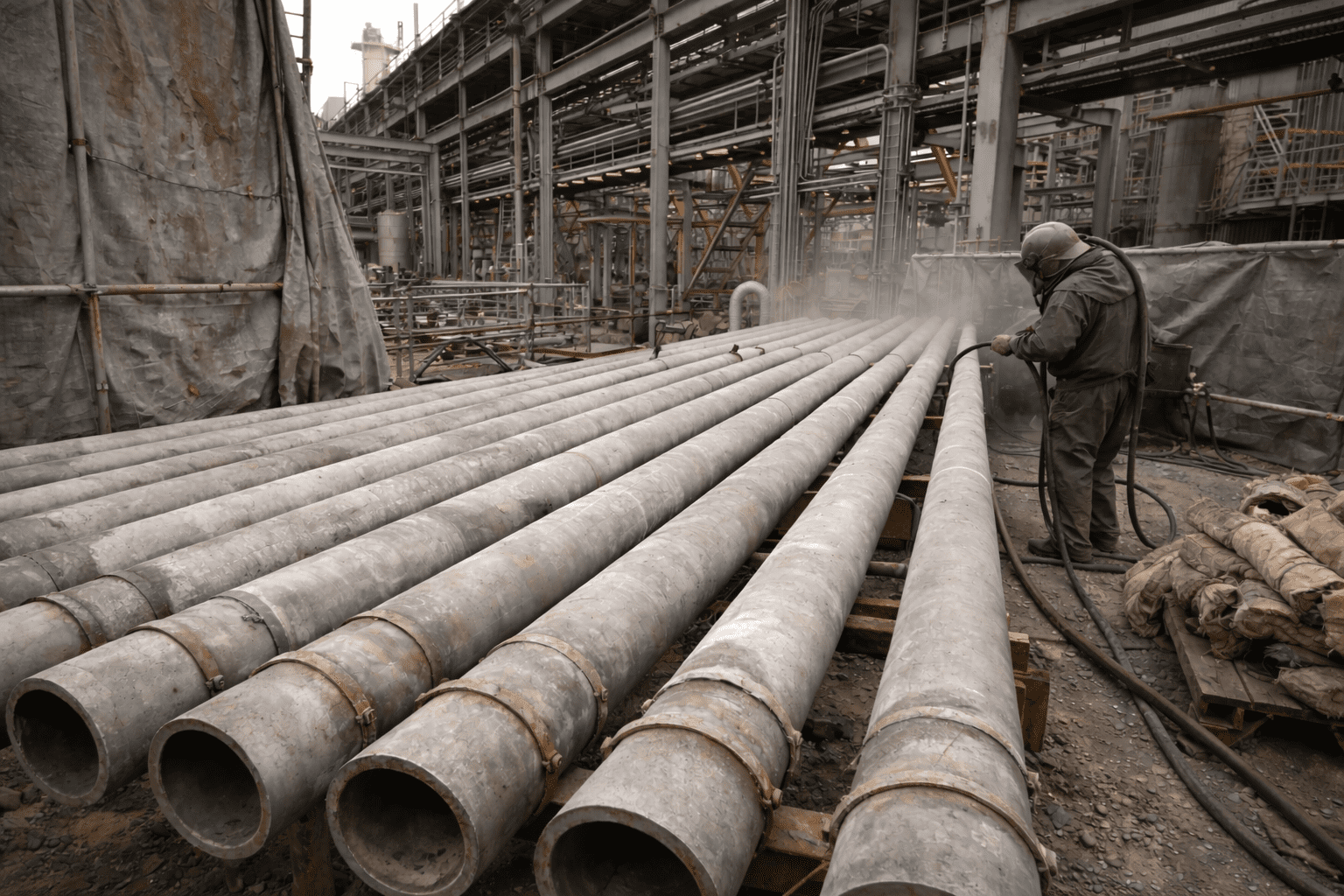 Abrasive blasting in progress on a multi-line pipeline bundle to remove corrosion and prepare steel surfaces before protective coating and insulation reinstall during an industrial maintenance turnaround.